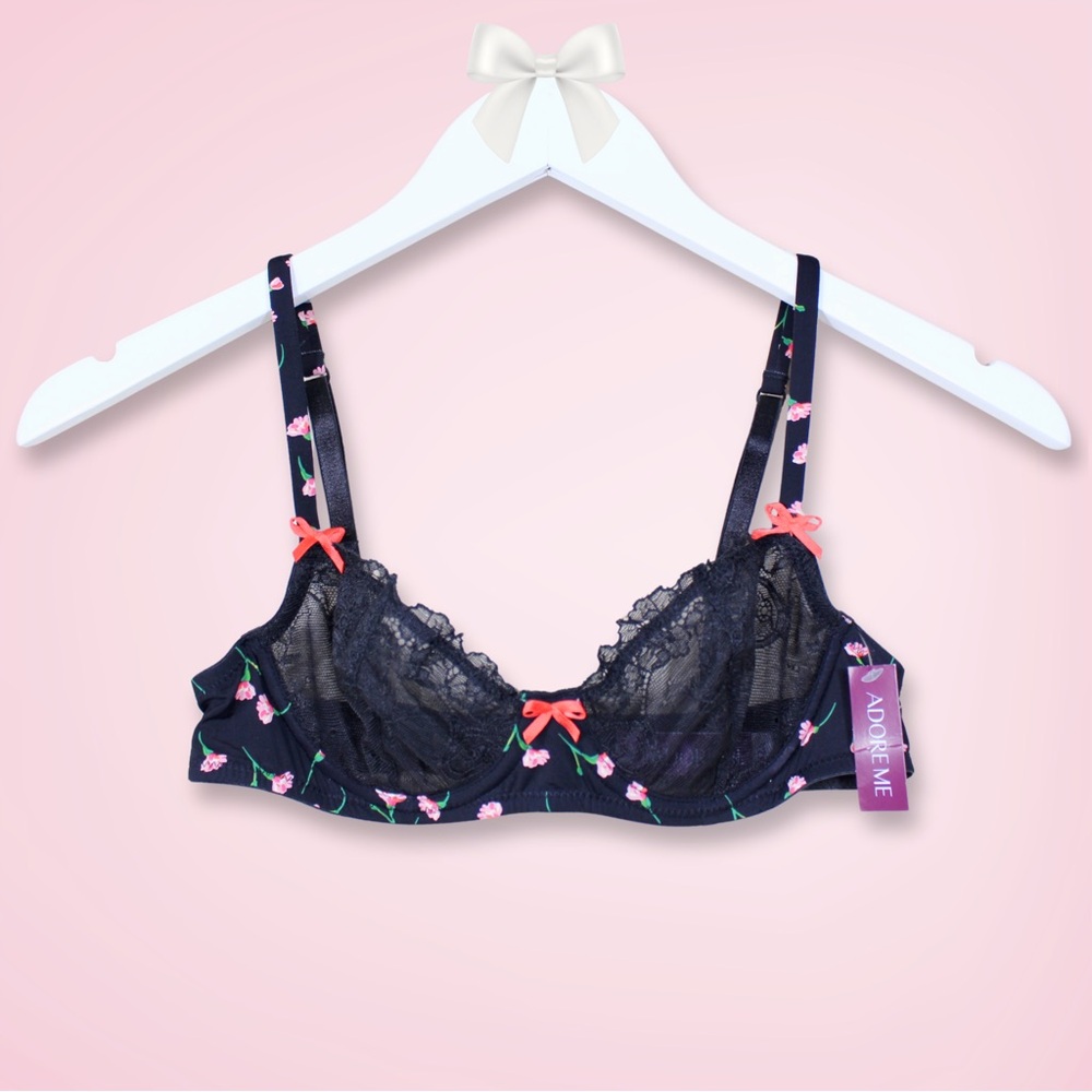 Adore Me Caen Unlined Balconette Bra 32A Black Floral Lace Sheer NWT